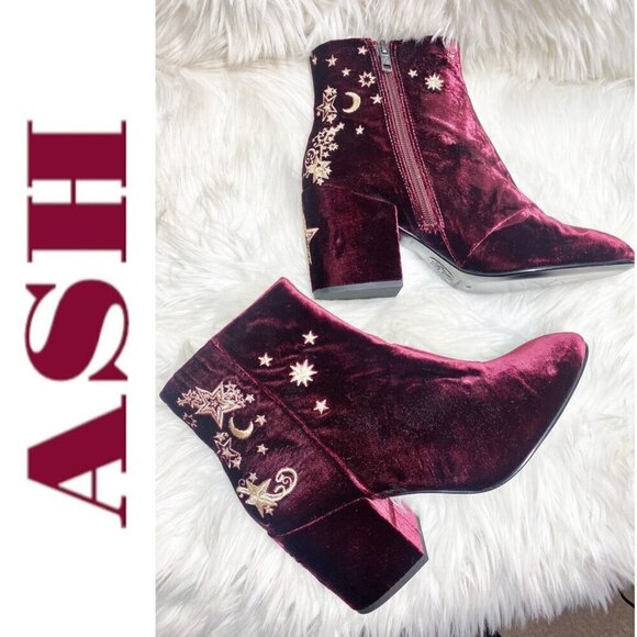 ASH Elixir Burgundy Velour Chunky Heel Bootie Gold Stars & Moons, Size 40 - Picture 4 of 14